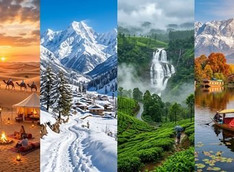 Best places to visit in India by season, featuring desert camps, snowy mountains, green valleys, and autumn lakes.