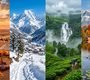 Best places to visit in India by season, featuring desert camps, snowy mountains, green valleys, and autumn lakes.