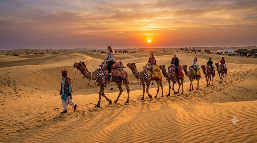 Best places to visit in India by season – camel safari at Sam Sand Dunes, Jaisalmer, during winter sunset.