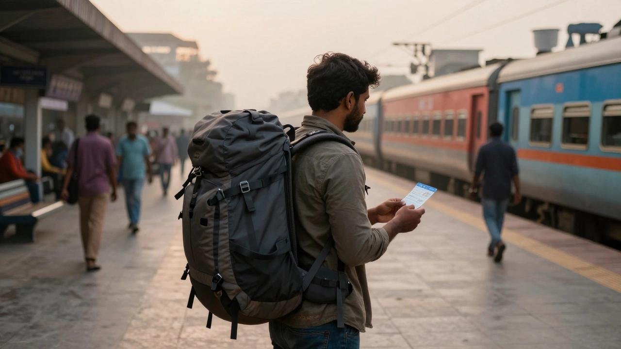 Backpacker checking a train ticket at an Indian railway station
