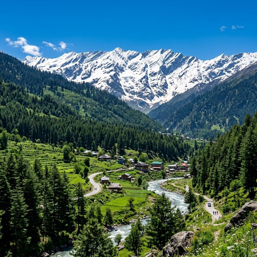 Budget travel itineraries India featuring scenic Himalayan mountains, green valleys, and a river