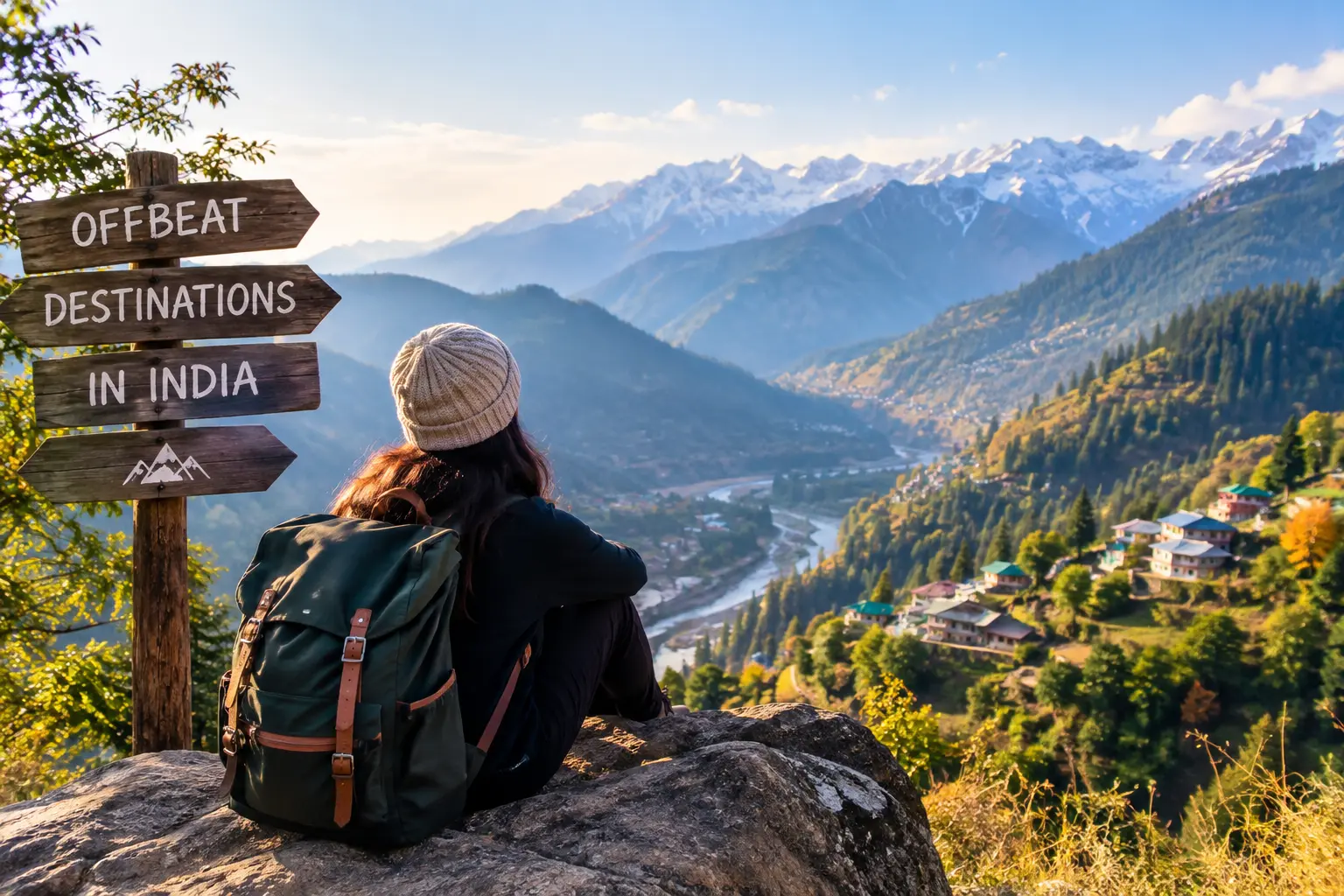 Offbeat destinations in India featuring a peaceful mountain valley and scenic Himalayan views