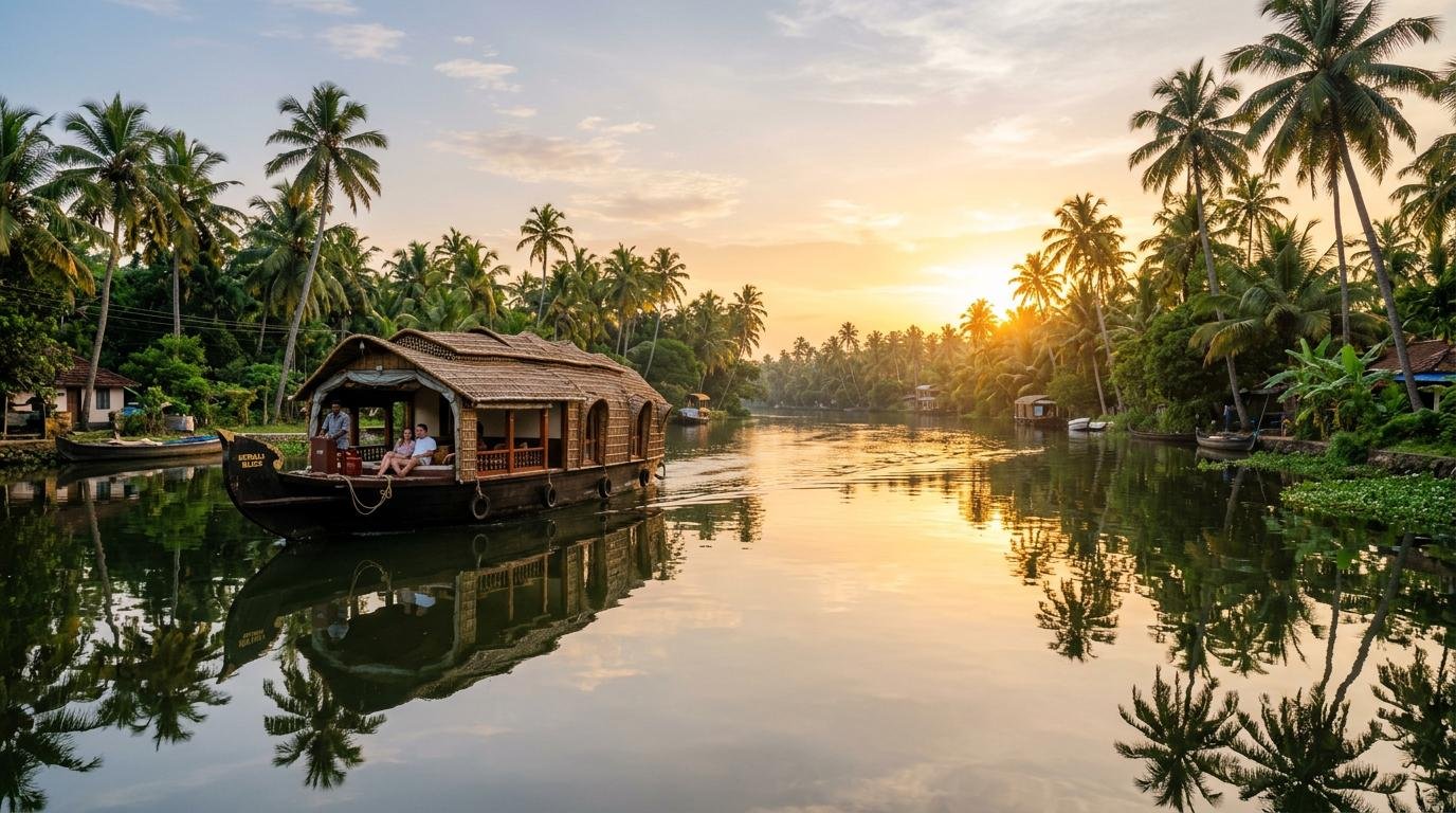 Traditional Kerala houseboat on a peaceful backwater surrounded by coconut palm trees at sunset
