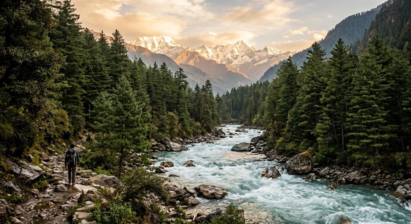 Hiker walking on a rocky mountain trail surrounded by dense green pine trees