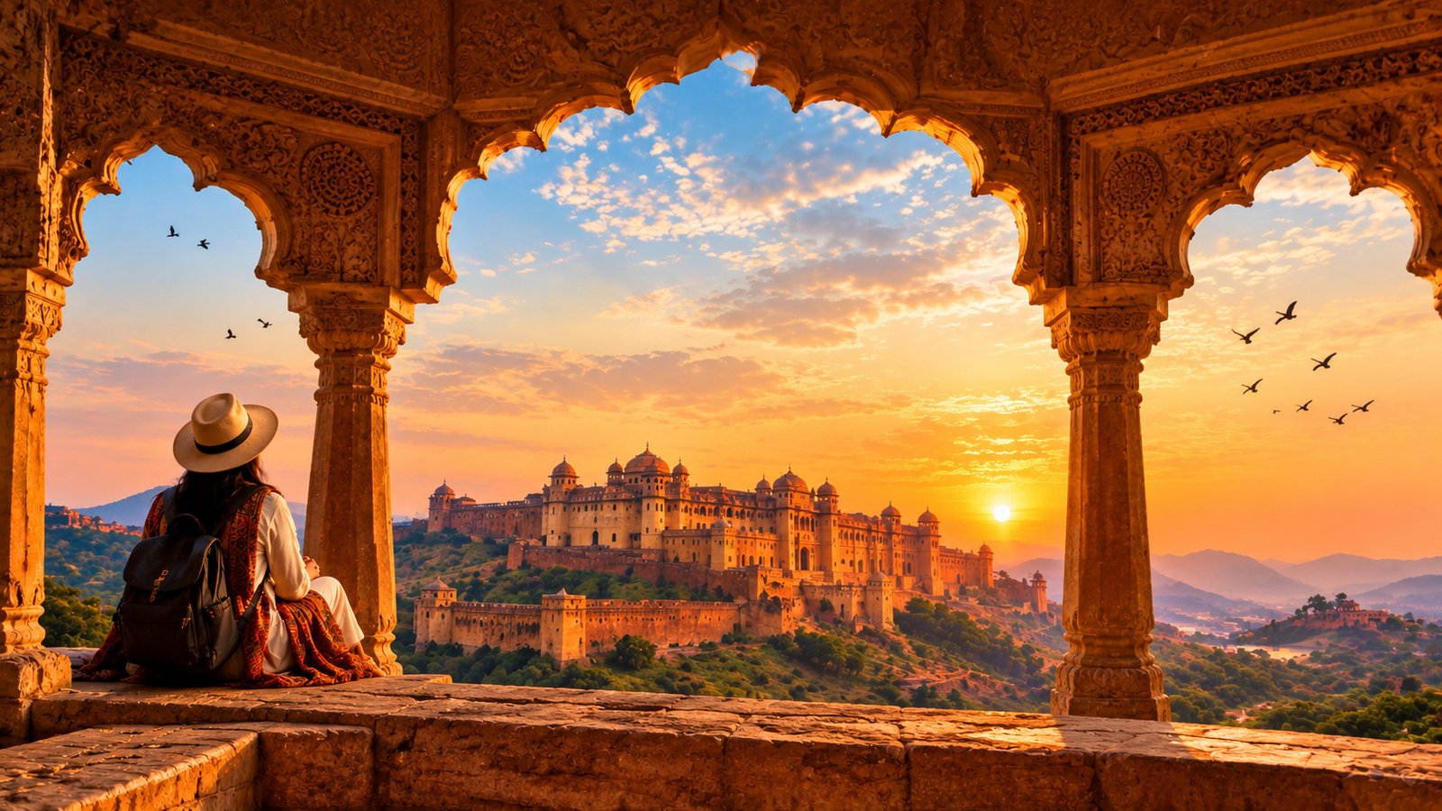 Tourist enjoying a sunset view of a historic Rajasthan fort through an ornate palace archway