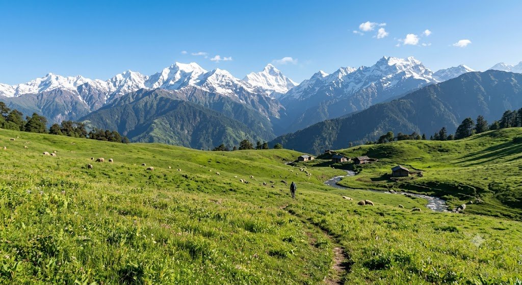 Offbeat destinations in India with lush green meadows and snow-capped Himalayan mountains