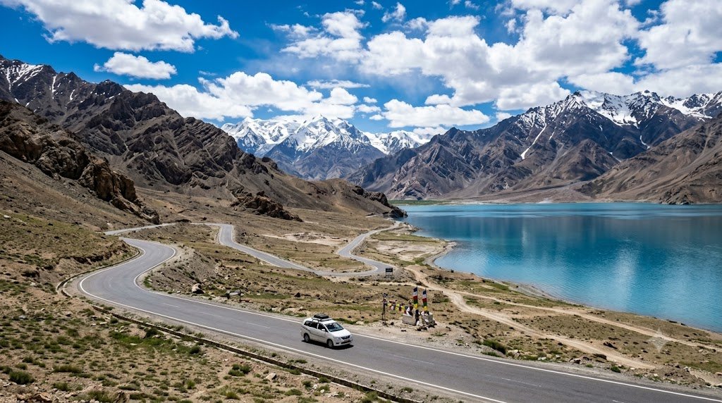 Best places to visit in India by season – scenic mountain road near Pangong Lake, Ladakh, in summer.
