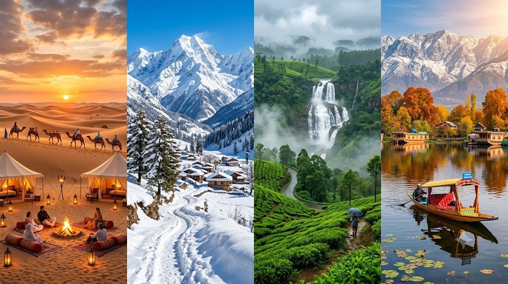 Best places to visit in India by season, featuring desert camps, snowy mountains, green valleys, and autumn lakes.

