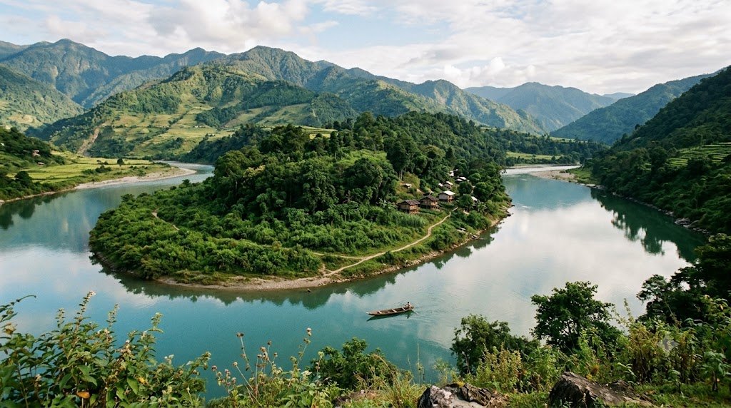 Offbeat destinations in India featuring a scenic river valley and lush green mountains