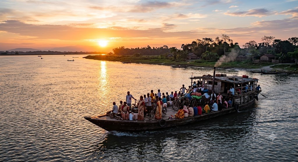  Local people traveling on a wooden ferry across a river at sunset in India