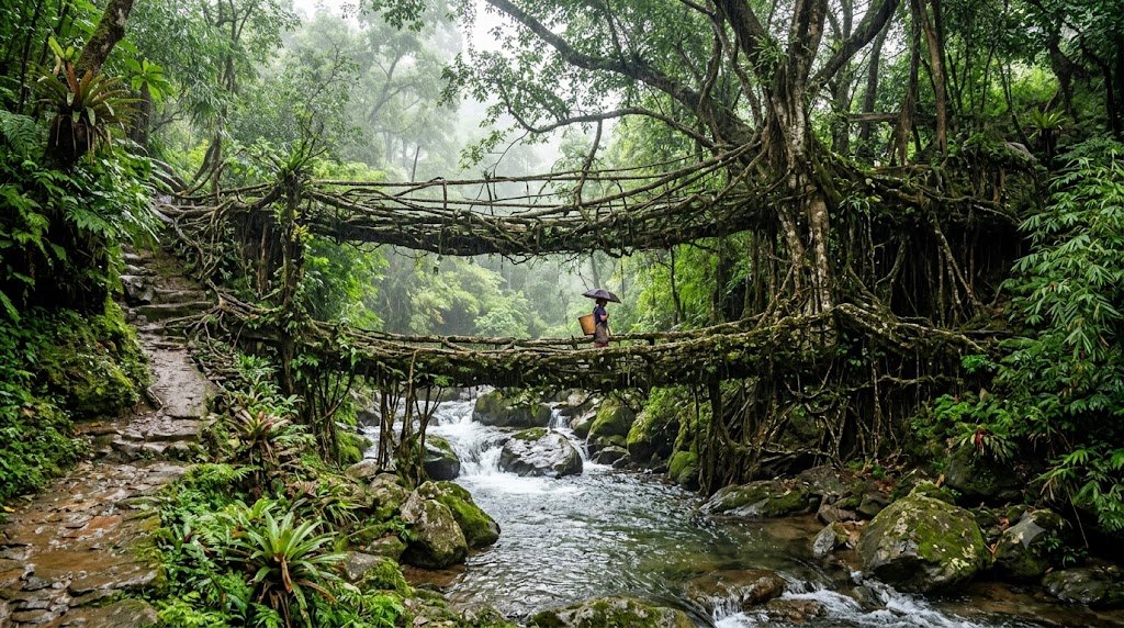 Best places to visit in India by season – double-decker living root bridge in Meghalaya during monsoon.