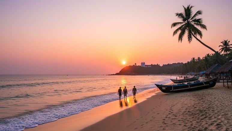 Indian beach sunset with palm trees, boats, and golden sky in Goa
